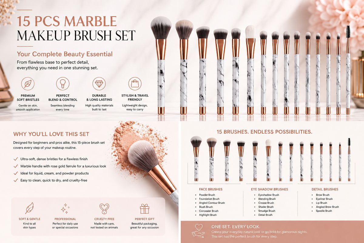 15 sets of marble makeup brush