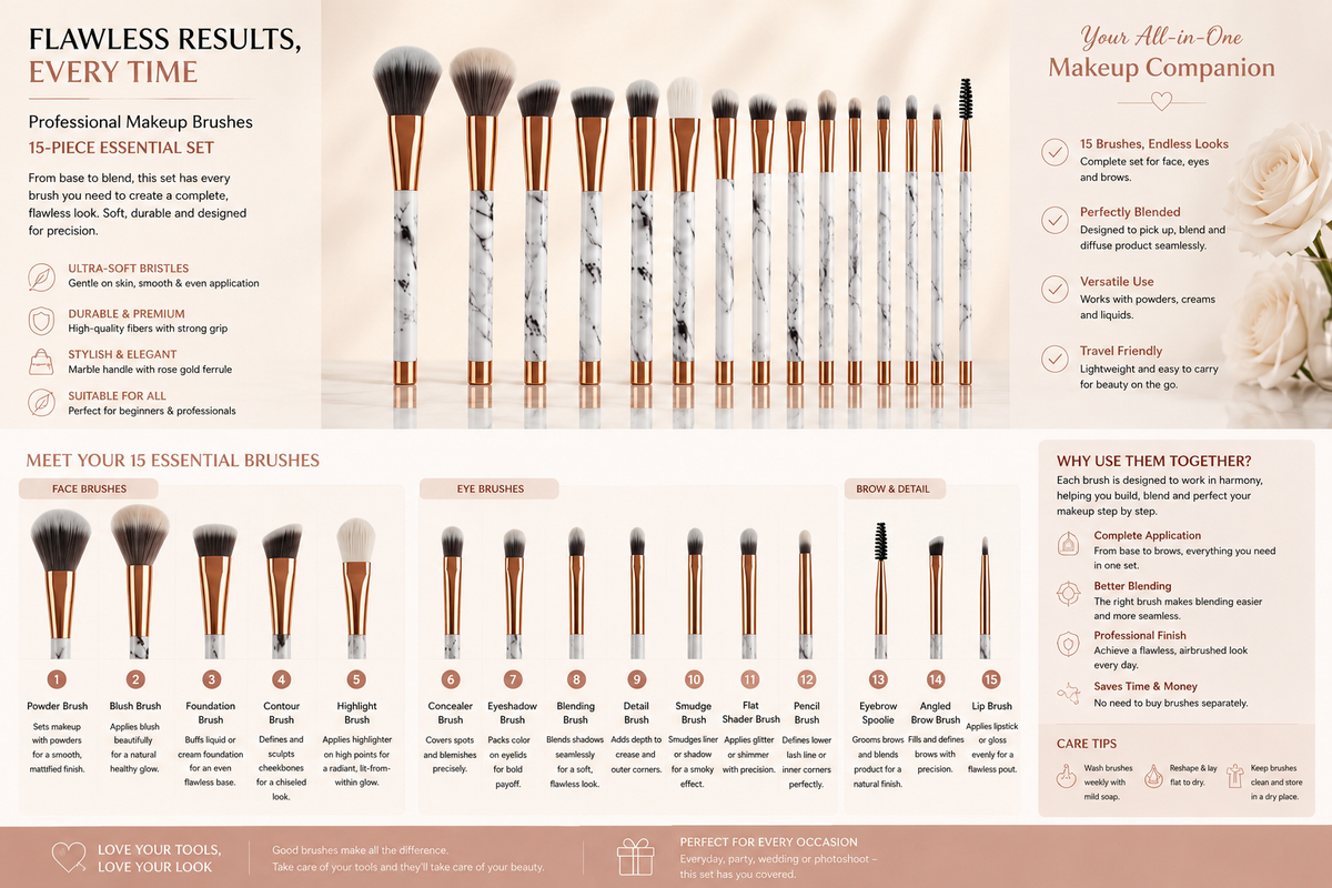 15 sets of marble makeup brush